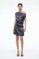 Navy one-shoulder silk mini dress with draped bodice and straight mini skirt