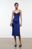 Midnight blue ruched midi dress with cowl neckline and thin spaghetti straps