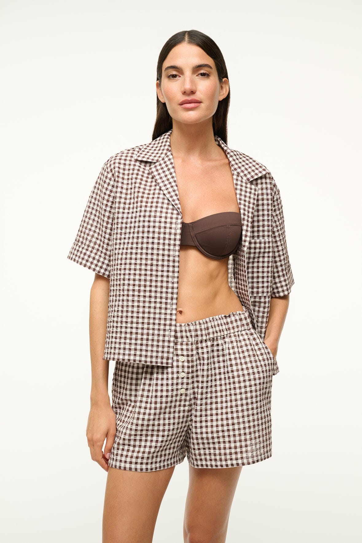 Image GABI SHIRT | DARK CHOCOLATE GINGHAM 1 of 5 and Clicking this image will trigger a zoom pop-up