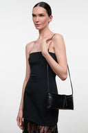 Black snakeskin-textured clutch bag with top flap and short strap