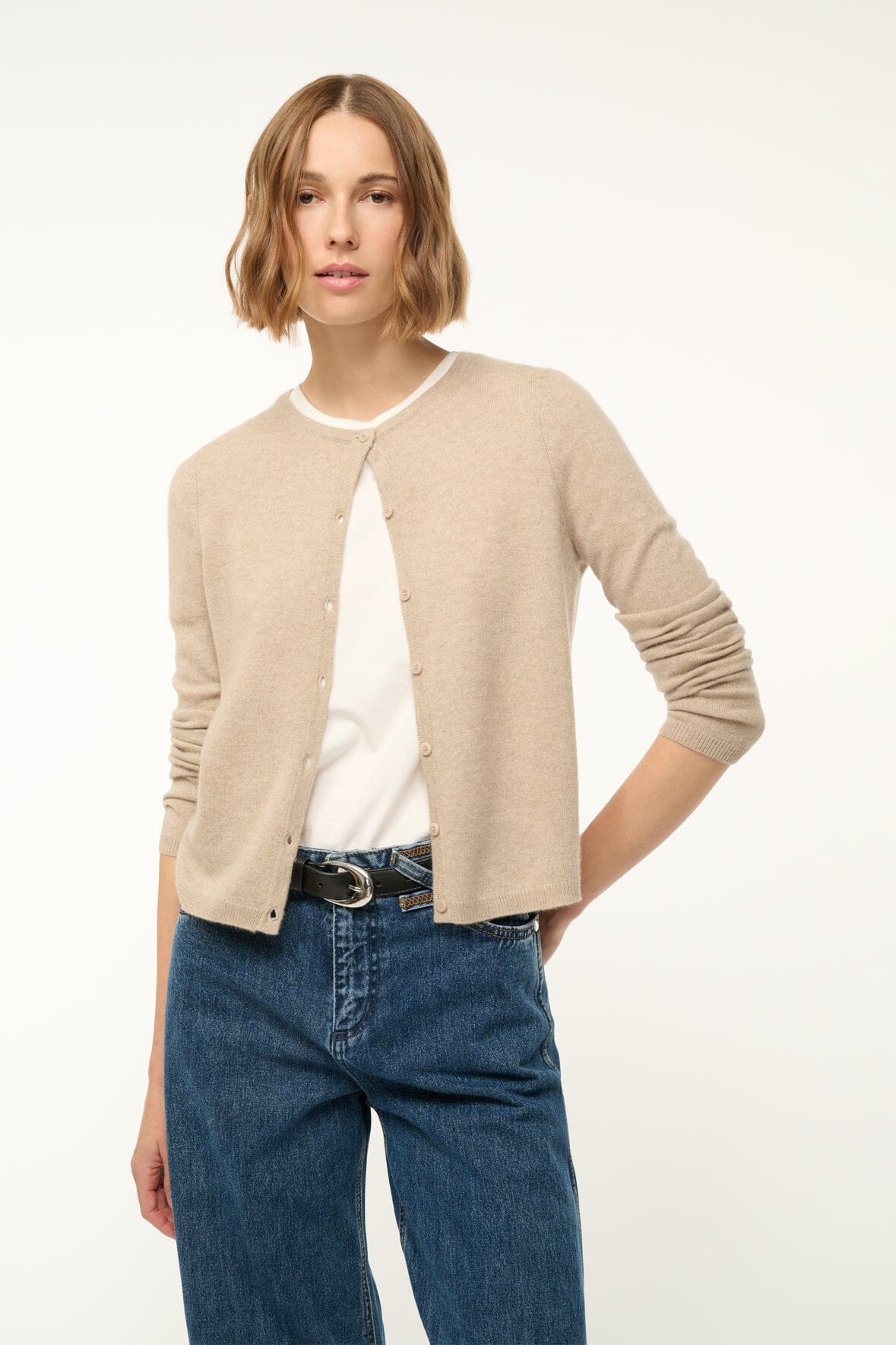 Image MIDNIGHT CASHMERE CARDIGAN | STONE 1 of 5 and Clicking this image will trigger a zoom pop-up