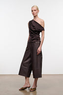 Dark brown one-shoulder draped silk top with asym strap and ruched front