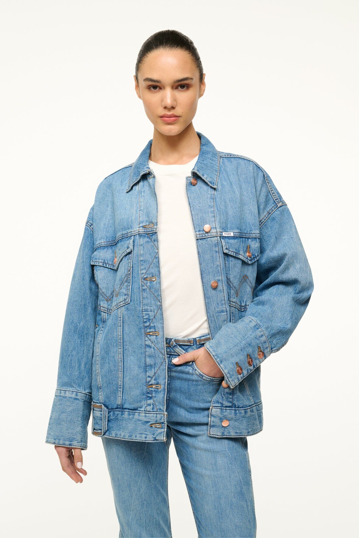 Image STAUD + WRANGLER THE BIGGEST JEAN JACKET | MID BLUE 2 of 6 and Clicking this image will trigger a zoom pop-up