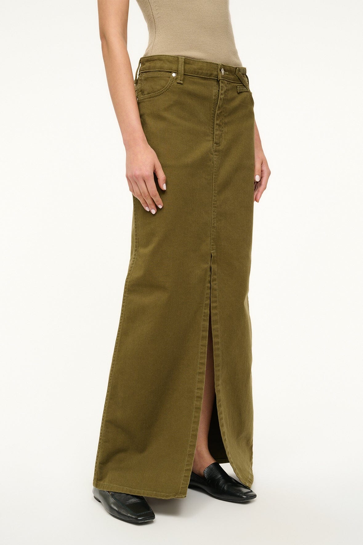 Image STAUD + WRANGLER THE MAXI SKIRT | SERGEANT GREEN 2 of 5 and Clicking this image will trigger a zoom pop-up