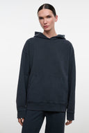 Dark washed-black hoodie with hood and kangaroo pocket, long sleeves