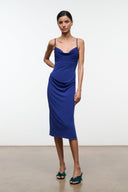 Midnight blue sleeveless midi dress with draped cowl neckline and spaghetti straps