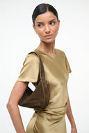 Truffle brown demi shoulder bag worn crossbody, curved handle, open top, textured material