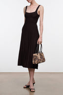 Dark brown sleeveless midi dress with scoop neck and gathered skirt