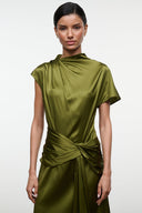 Olive silk midi dress with high neck, short sleeves, and twisted waist drape