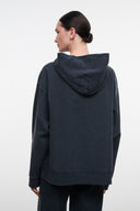 Back view of dark washed-black terry hoodie with hood and kangaroo pocket
