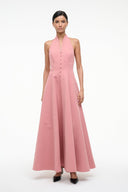 Rosewater pink halter maxi dress with front buttons, sleeveless A-line skirt
