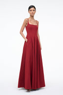 Square-neck sleeveless maxi dress with draped bodice and pleated A-line skirt, deep red