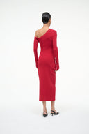 Red midi sheath dress back view with long sleeves and off-shoulder detail