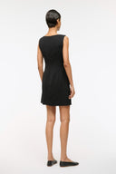 Sheila dress, black sleeveless back view with straight hem and waist belt buckle