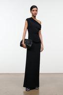 Black one-shoulder draped maxi dress, sleeveless with fitted floor-length skirt