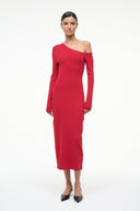 Red midi one-shoulder sheath dress with long sleeves