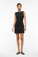 Black sleeveless shift dress with patch pockets and belt with square buckle