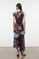 Back view one-shoulder printed maxi dress with draped skirt, blue and rust abstract