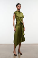 Olive silk dress, side view with draped collar, short sleeves, and layered asym hem