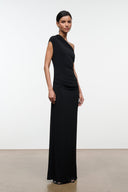 Black one-shoulder draped maxi dress, sleeveless, angled front view