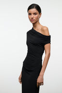 Black one-shoulder draped maxi dress close-up, sleeveless with ruched neckline