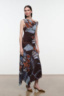 Asym one-shoulder printed maxi dress, ankle length, blue and rust abstract print
