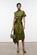 Olive silk dress front view with twisted waist, high neck, short sleeves, asym hem