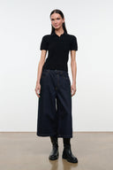 Hunter indigo denim culotte jeans, front view with patch pockets, belt loops, wide leg