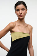 Strapless black mini dress with olive-gold bust band