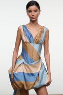Silk mini dress in desert stripe print, V-neck, button-front bodice, sleeveless