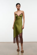 Pear green silk slip dress with spaghetti straps and brown lace hem panels