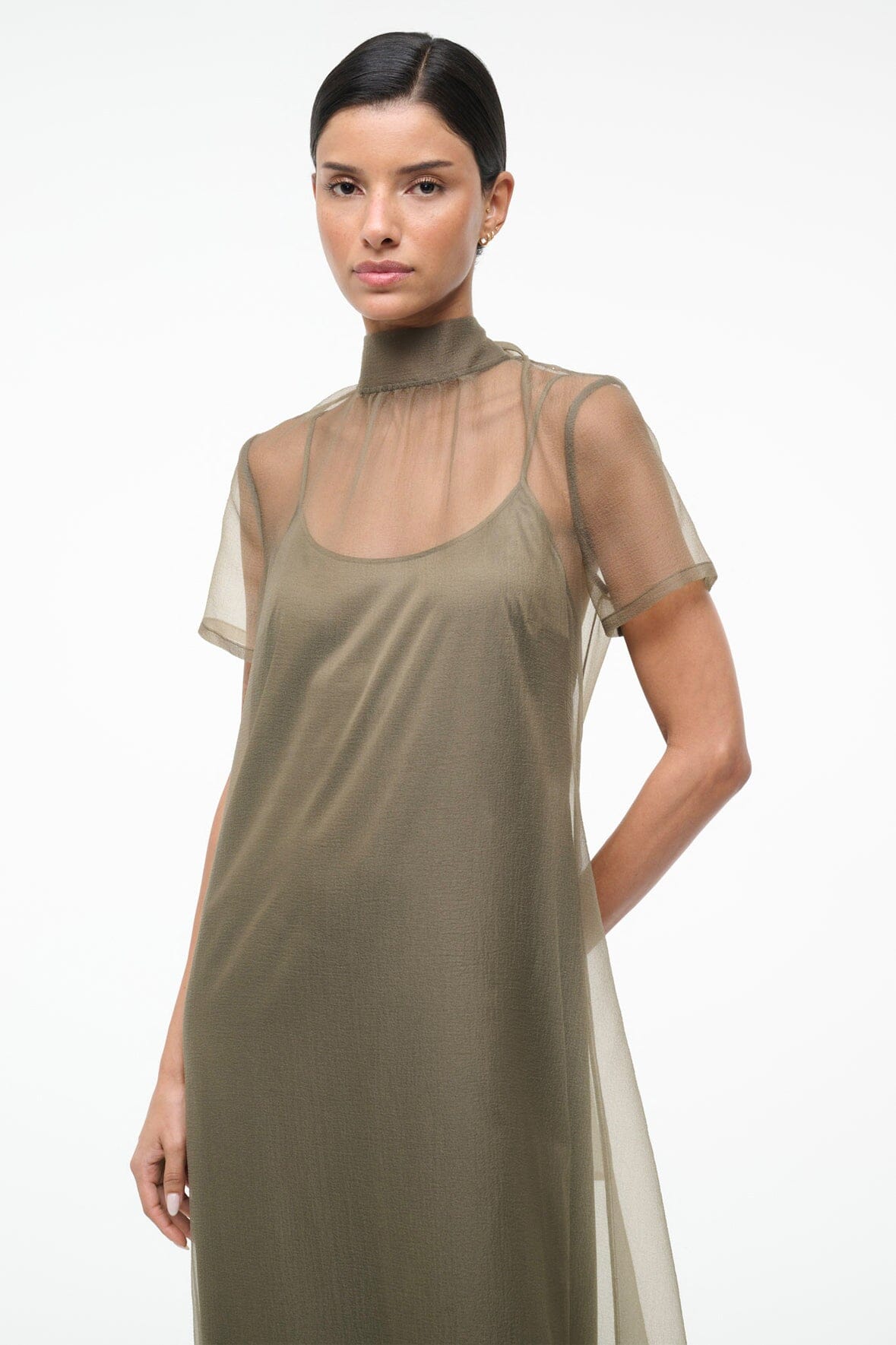staud calluna dress green STAUD Calluna Ruffled Organza Maxi Dress in Green