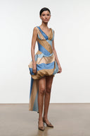 Silk mini dress in desert stripe print, fitted bodice with buttons, draped hem
