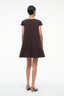 Dark brown shift dress back view with short sleeves and center seam detail