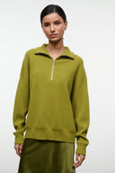 HUDSON cashmere sweater in pear green, quarter-zip mock neck with long sleeves