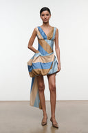 Silk mini dress in desert stripe print, scoop V neckline, sleeveless, asymmetrical drape