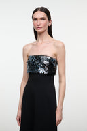 Black strapless dress with silver and teal sequin bandeau bodice, sleeveless midi length