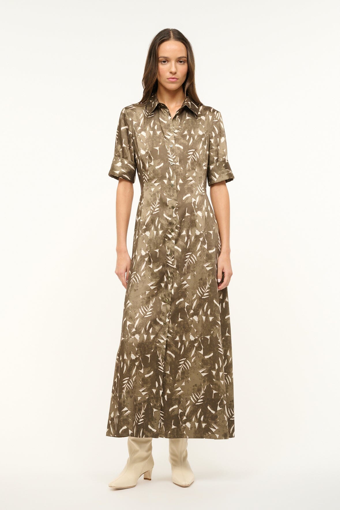 Image JOAN MAXI DRESS | SERGEANT GREEN PAINTED PALM 1 of 7 and Clicking this image will trigger a zoom pop-up