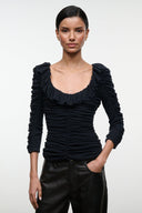 Black ruched off-shoulder top with gathered neckline and puffed ruffle sleeves