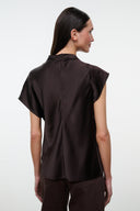 Dark brown satin silk top with open back, draped mock neck, and short sleeves