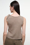 Back sleeveless draped top with gathered neck and open back, sesame beige
