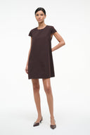 Dark brown shift dress with short sleeves and round neckline, straight mini hem