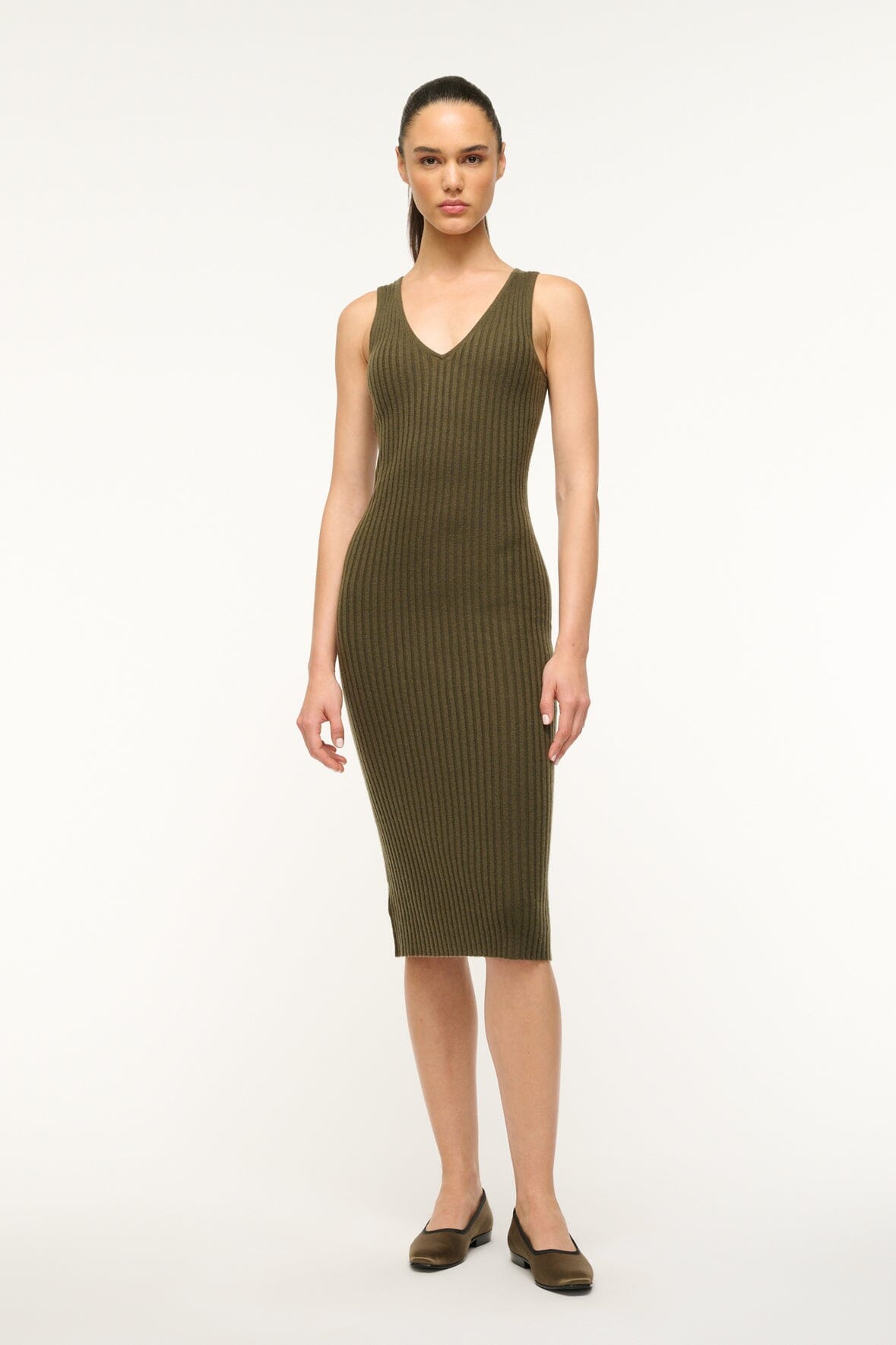 Image DANA CASHMERE DRESS | DARK OLIVE 1 of 5 and Clicking this image will trigger a zoom pop-up