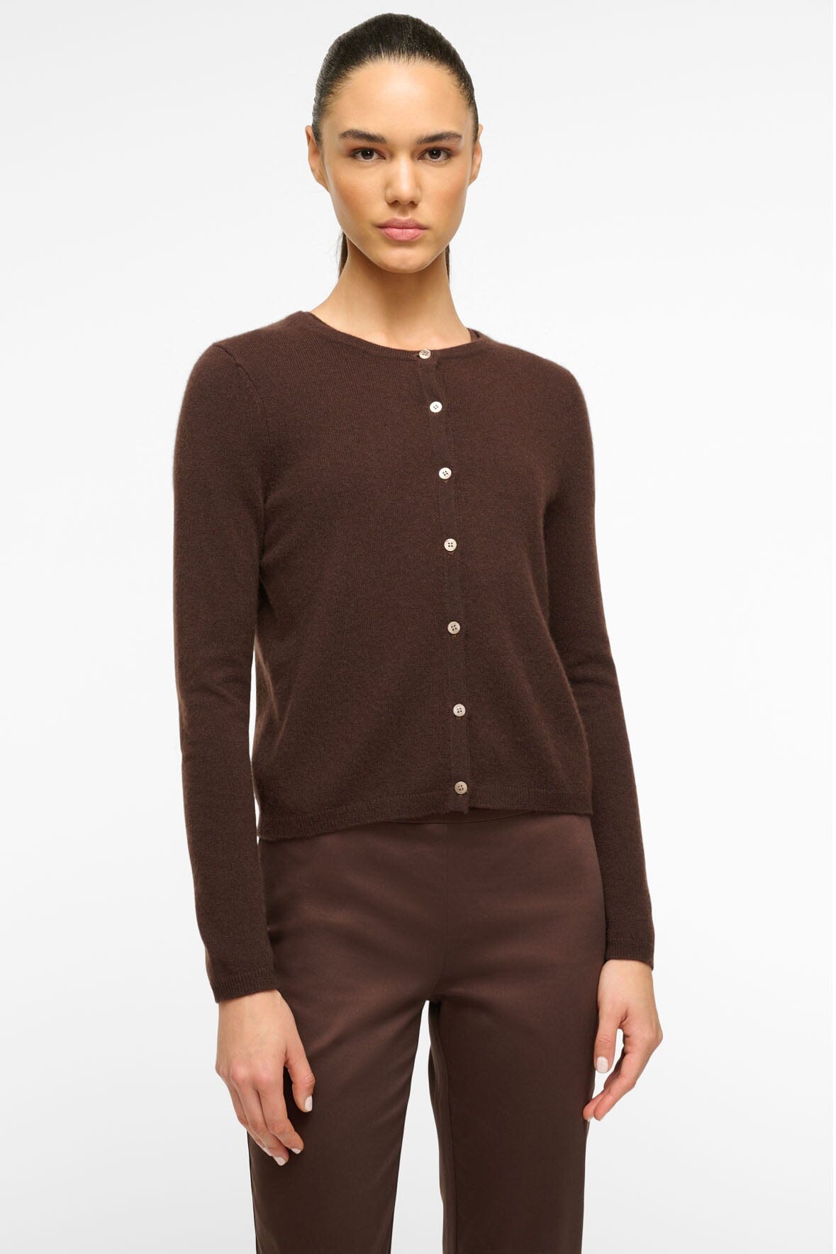 Image MIDNIGHT CASHMERE CARDIGAN | DARK CHOCOLATE 1 of 5 and Clicking this image will trigger a zoom pop-up