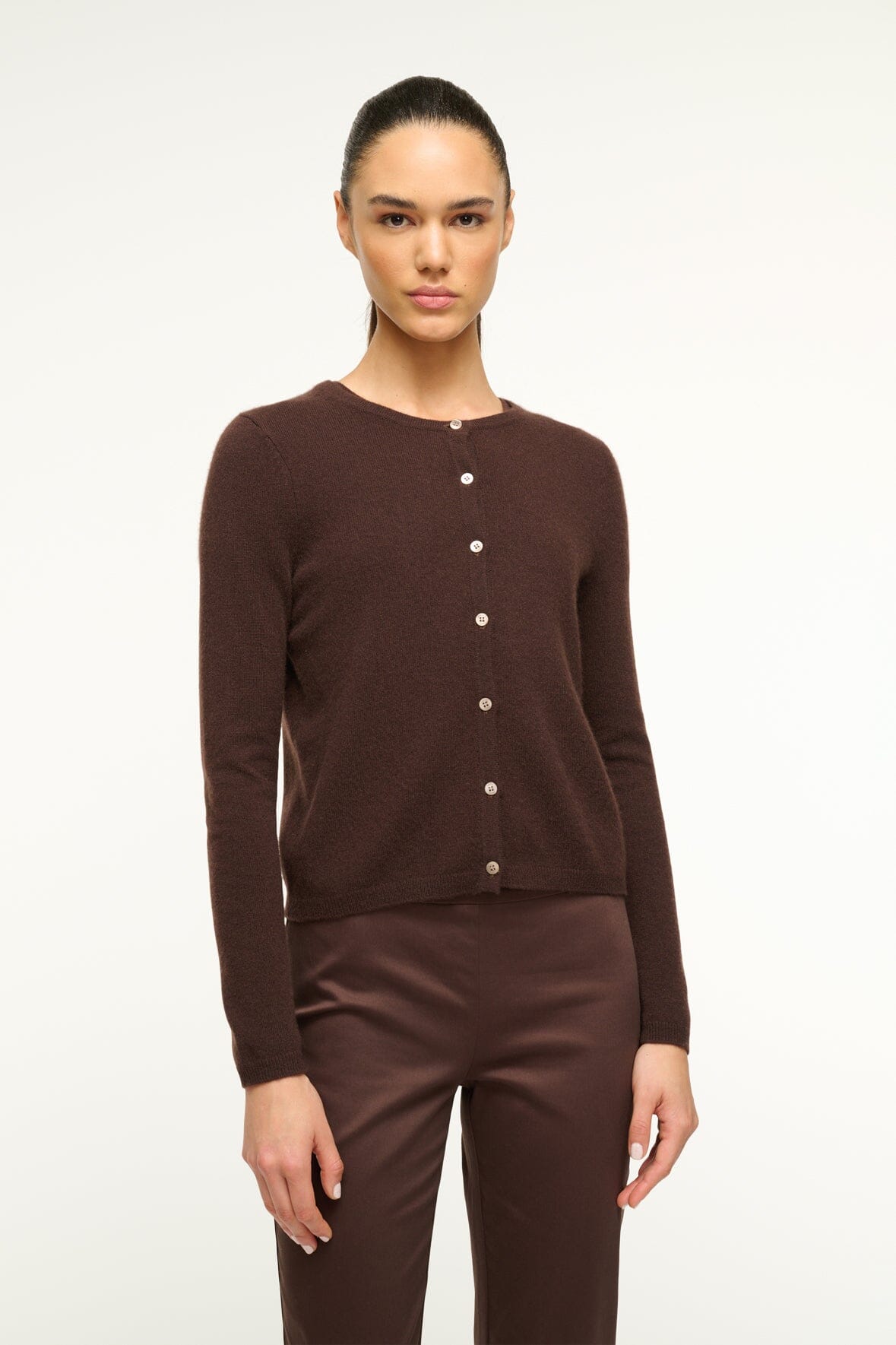 Image MIDNIGHT CASHMERE CARDIGAN | DARK CHOCOLATE 1 of 5 and Clicking this image will trigger a zoom pop-up