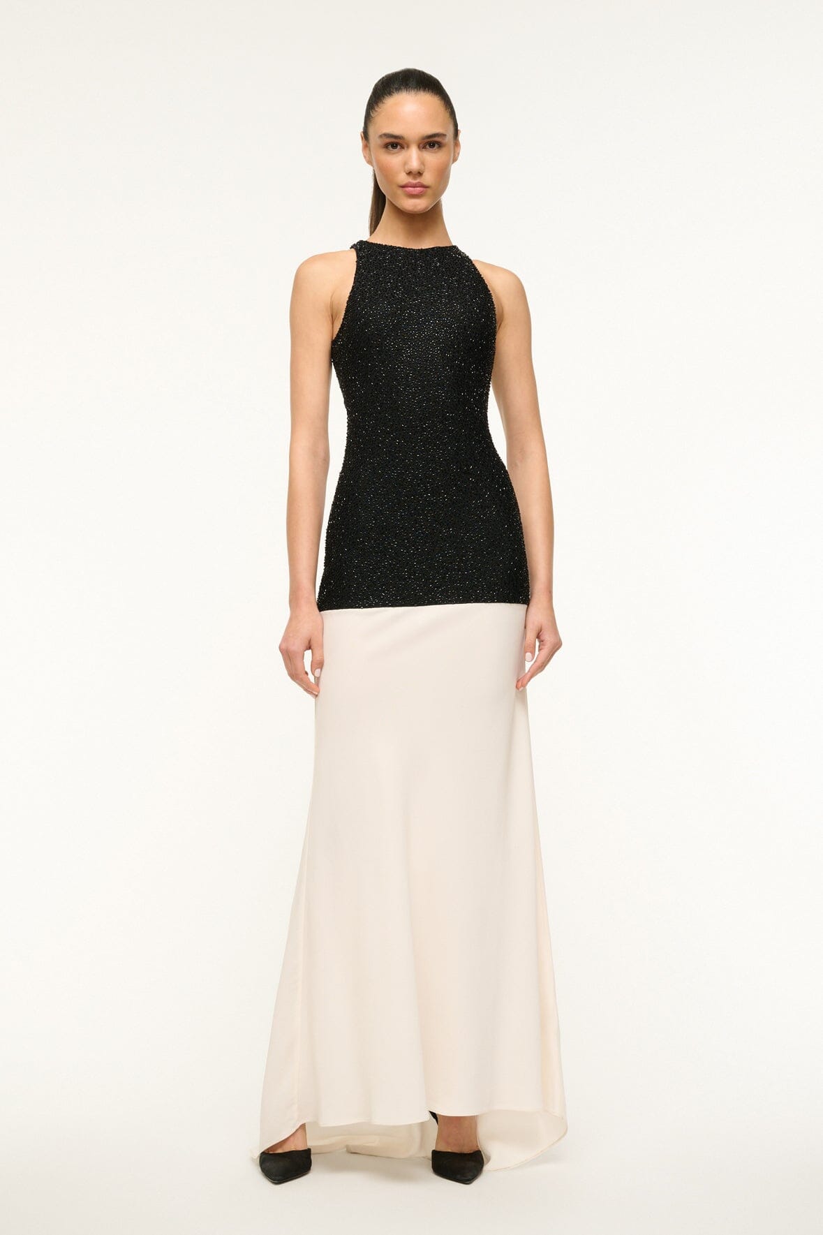 Image GABRIELLE DRESS | BLACK IVORY 1 of 6 and Clicking this image will trigger a zoom pop-up