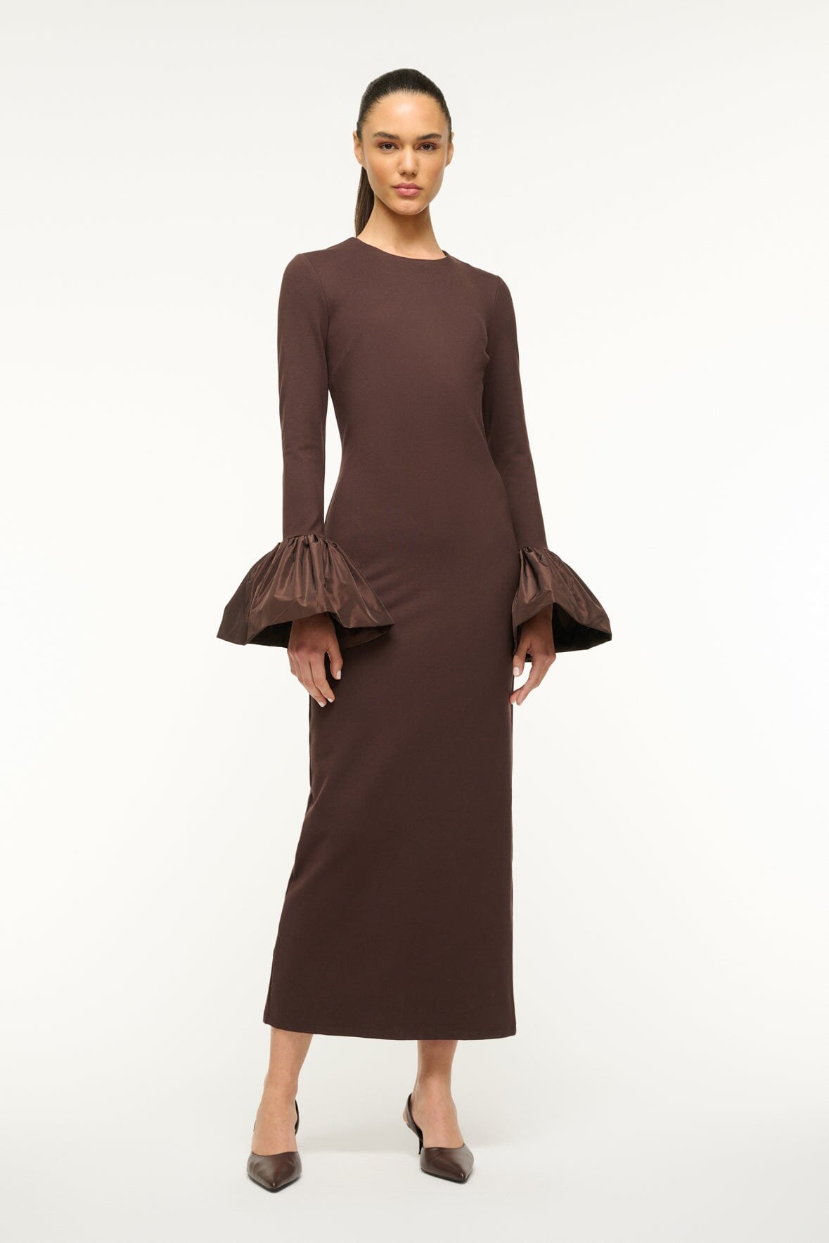 Image HAWTHORNE MAXI DRESS | DARK CHOCOLATE 1 of 5 and Clicking this image will trigger a zoom pop-up