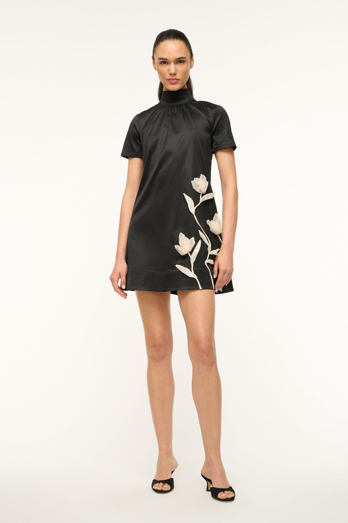 Image MINI ILANA DRESS | BLACK SATIN 1 of 5 and Clicking this image will trigger a zoom pop-up