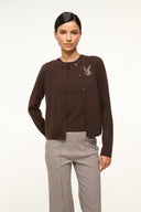 Dark chocolate cashmere cardigan with button front and butterfly chest emblem