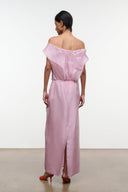 Dusty pink off-shoulder maxi dress, back view with gathered waist and back slit